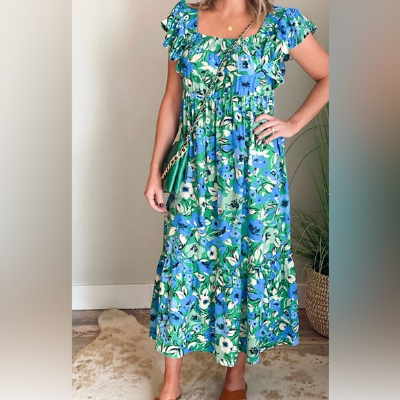 Pretty ruffle dress, green and blue. Size M - Picture 1 of 1